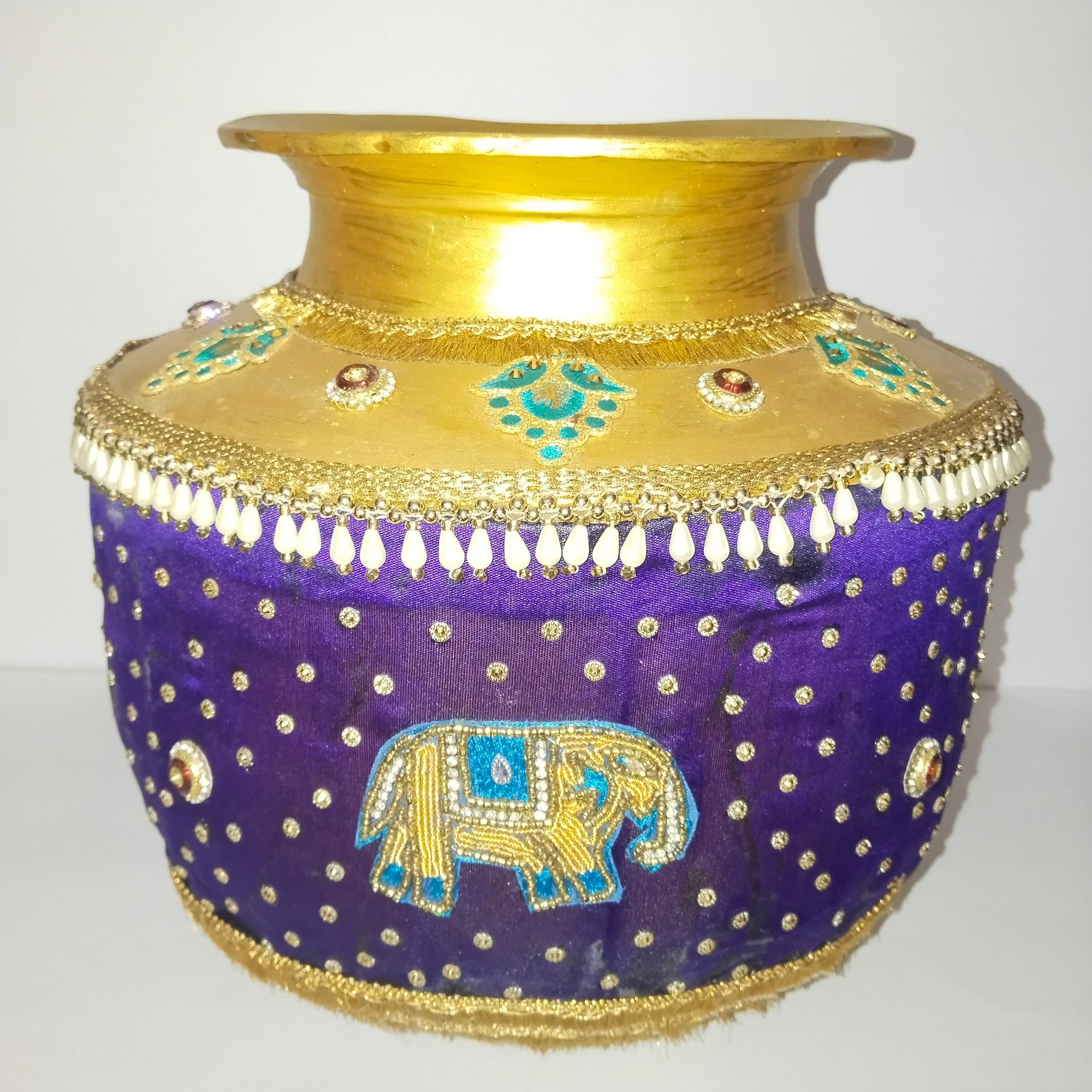 Gold and Purple Embroidered Kalash with Elephant Design
