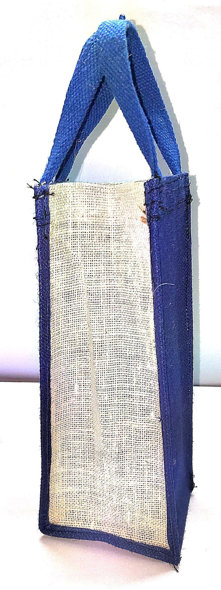 Jute Wine Bottle Bag, 2-tone, Blue/Natural, 13.5" x 4.5" x 3.5"
