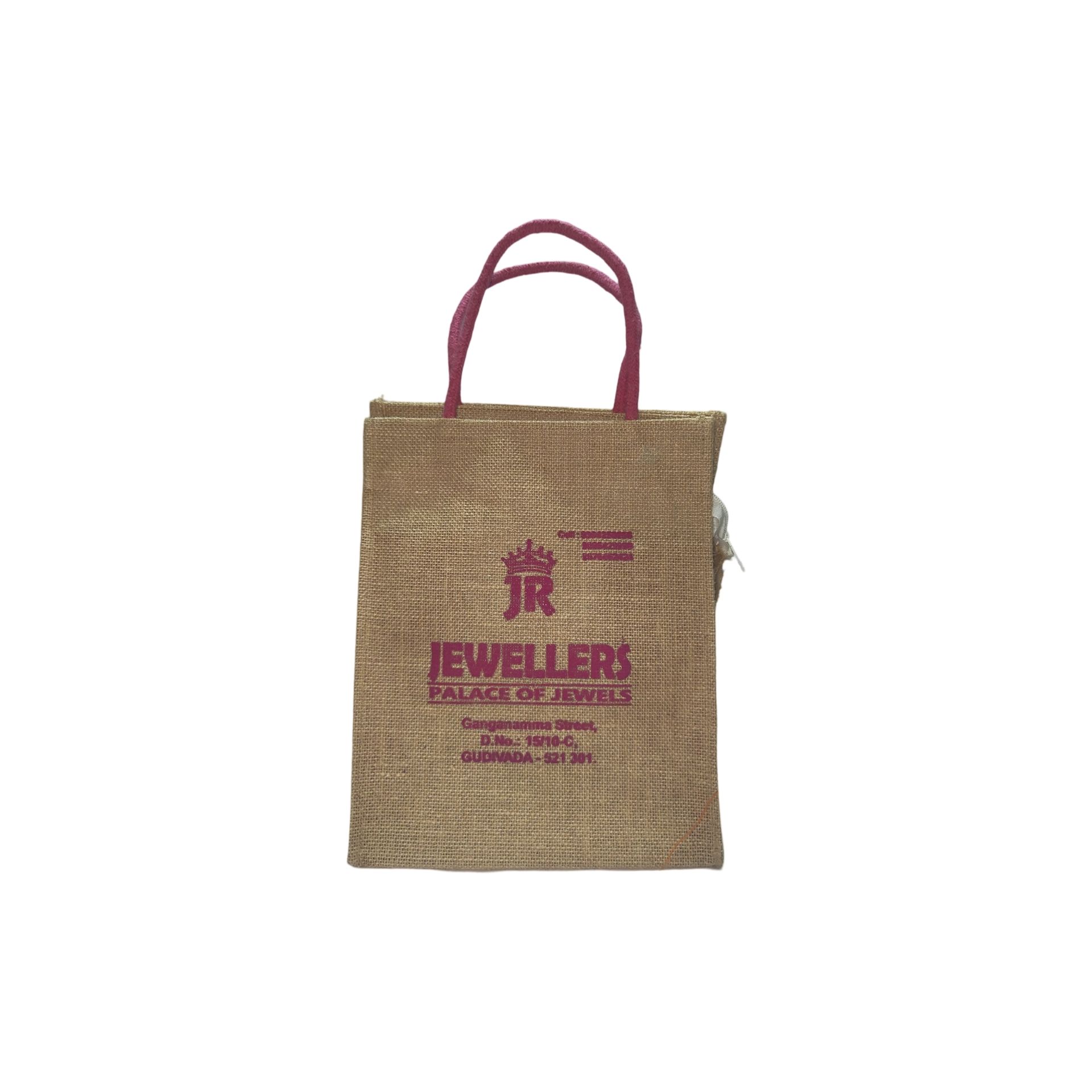 Jute Bag with Zipper Closure and Red Handle BAGS