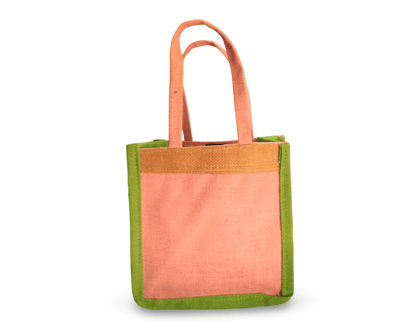 Small Pink Jute Tote Bag with Green Trim