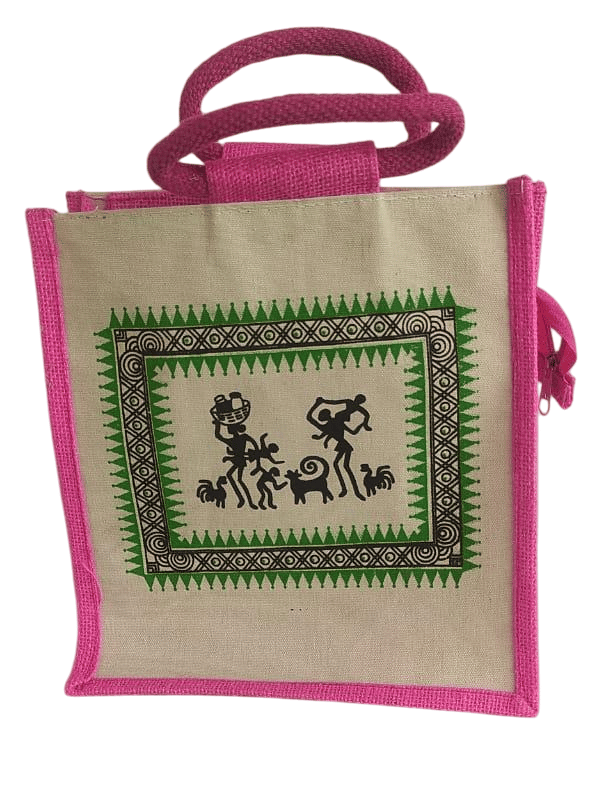 ATMAKUR Eco-Friendly Handcrafted Jute Lunch Bag with Warli Painting