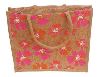 Floral printed jute tote bag with double handles