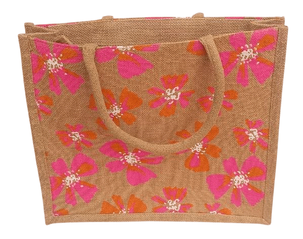 Floral printed jute tote bag with double handles