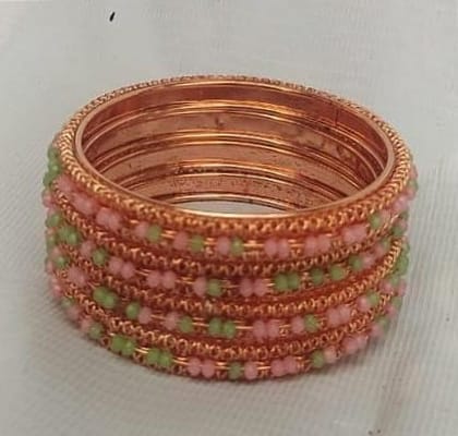 Set of 4 Copper Bangles with Pink and Green Beads