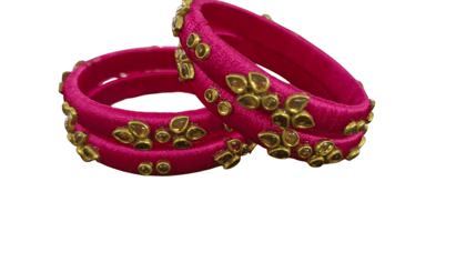 "Stunning Pink Silk Thread Bangle Set with Golden Stone Embellishment for Women" "Stunning Pink Silk Thread Bangle Set with Golden Stone Embellishment for Women"