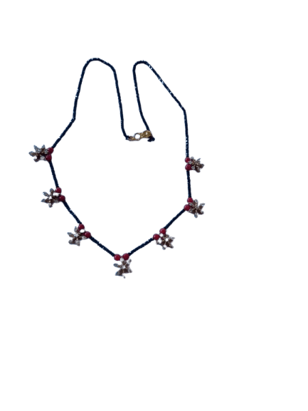 Black Beads Necklace with Red Flower Pendants