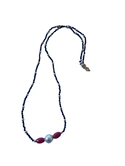 Black beaded necklace with red and white pearl Pendant