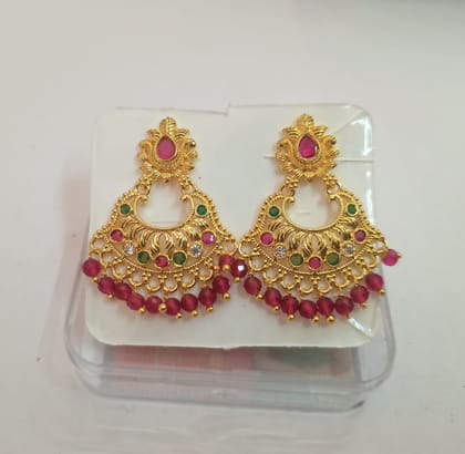 14k Gold Plated Chandbali Earrings with Ruby and Emerald Stones