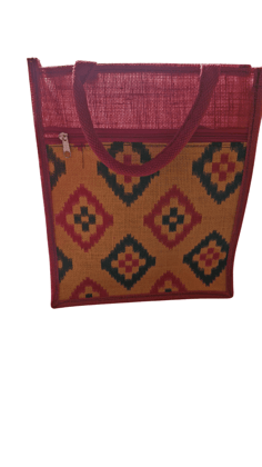 Handwoven Jute Tote Bag with Zipper and Colorful Geometric Print Handwoven Jute Tote Bag with Zipper and Colorful Geometric Print