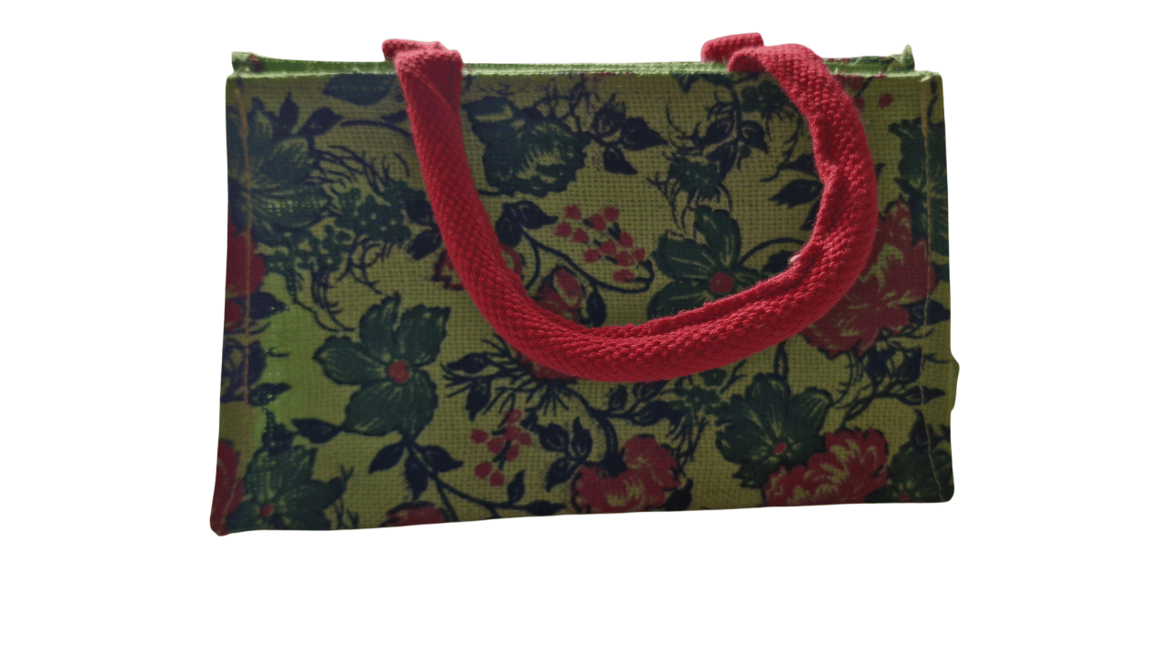 Floral Jute Tote Bag with Red Handles