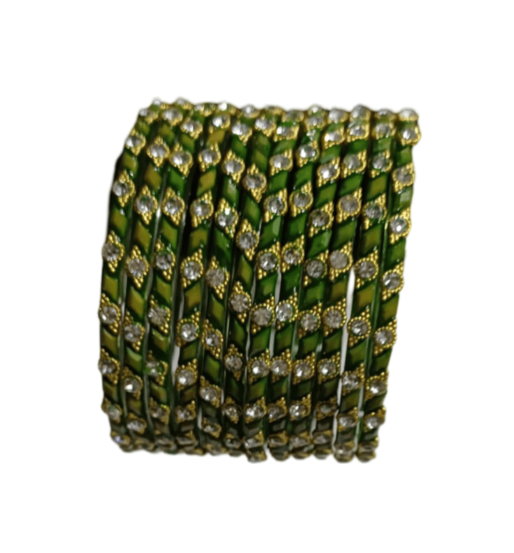 Green and Gold Glass Bangle Set with Rhinestones