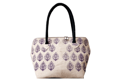 Handcrafted Jute Tote Bag with Floral Print and Black Handles