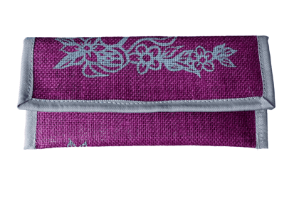 Purple jute clutch purse with floral print and gray trim