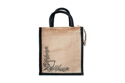 Jute Tote Bag with Black Trim and Floral Design This jute tote bag is made from 100% natural jute fibers Jute Tote Bag with Black Trim and Floral Design This jute tote bag is made from 100% natural jute fibers