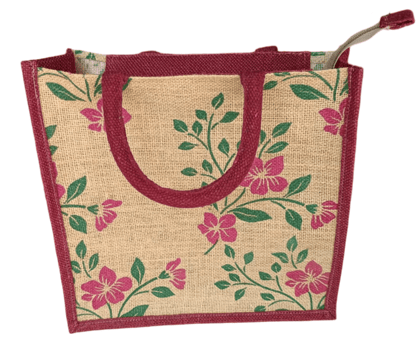 Marron Jute tote bag with floral print