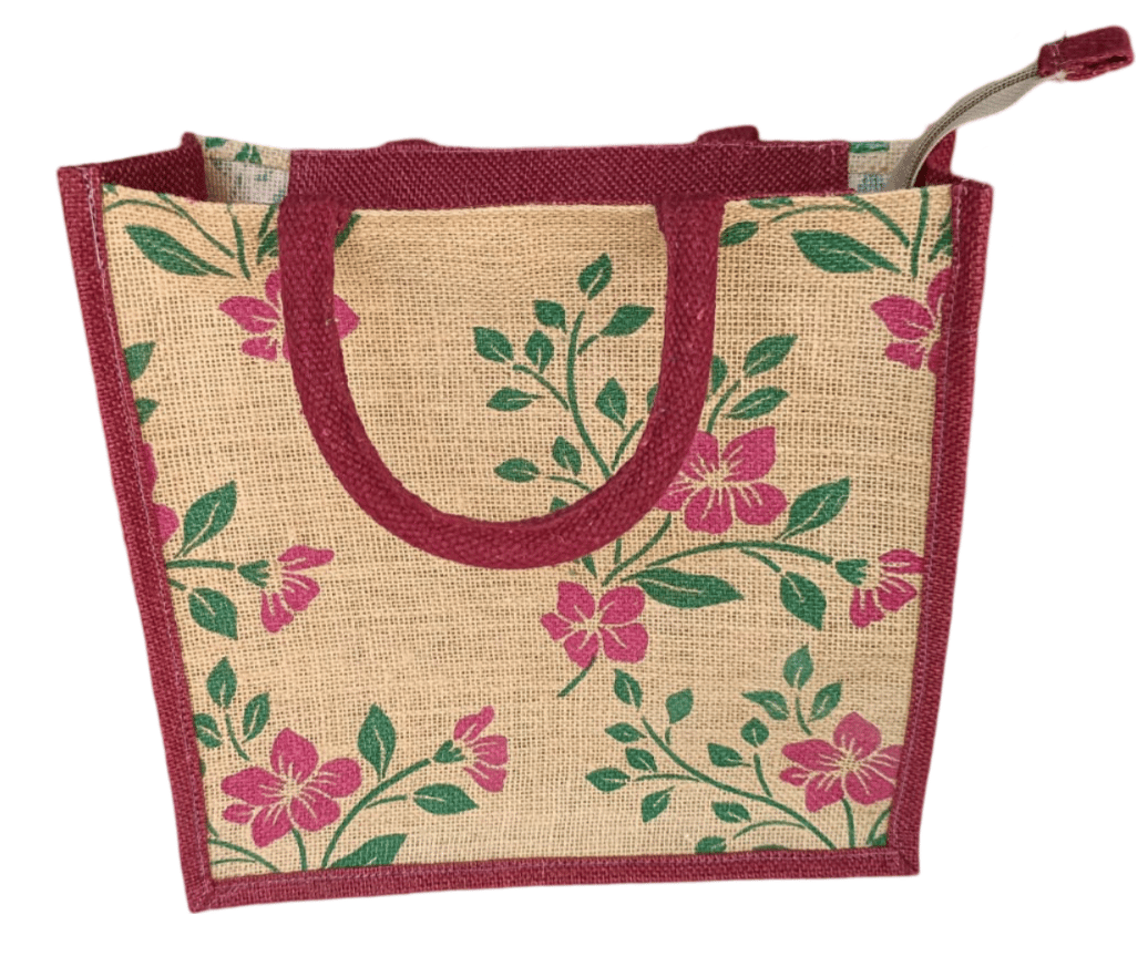 Marron Jute tote bag with floral print