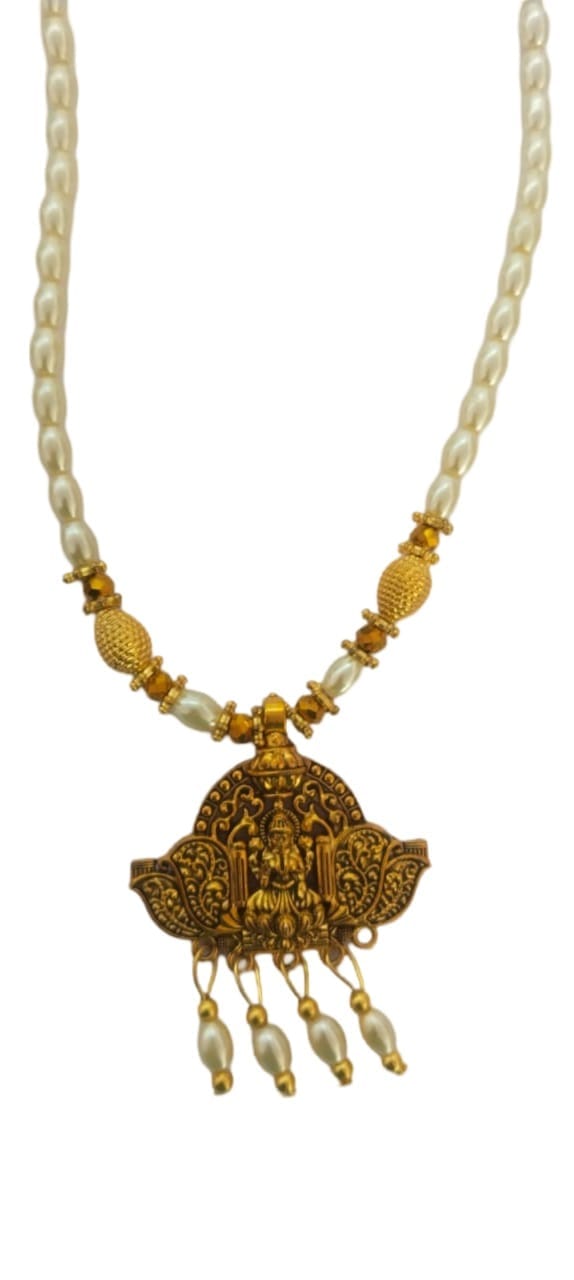 oxidized finish temple pendant with pearl chain