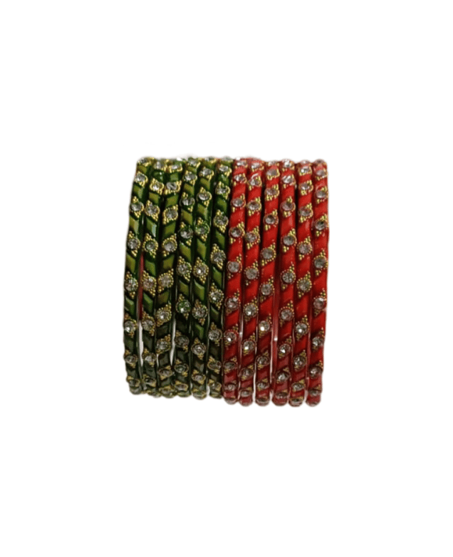 Set of 12 Glass Bangles with Rhinestone Accents in Green and Red