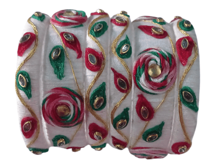 White and Red Silk Thread Bangle Set with Stone and Pearl Embellishment