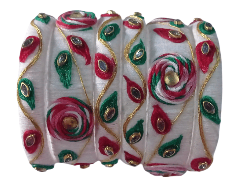 White and Red Silk Thread Bangle Set with Stone and Pearl Embellishment