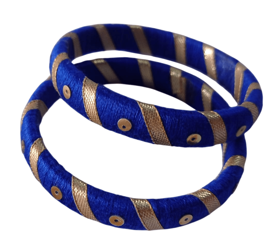Blue and Gold Silk Thread Bangles with Stone Detailing