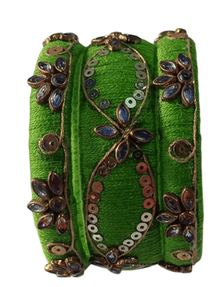Green Silk Thread Bangle Set with Kundan and Pearl Embellishment