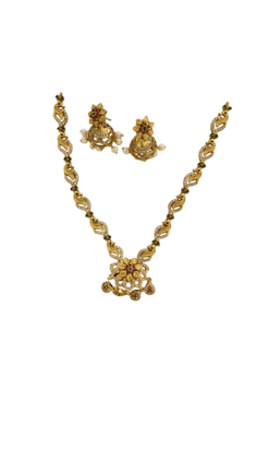 Gold-plated traditional Indian necklace set with intricate detailing and pearl drops Gold-plated traditional Indian necklace set with intricate detailing and pearl drops