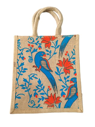 Jute Tote Bag with Floral and Parrot Print.