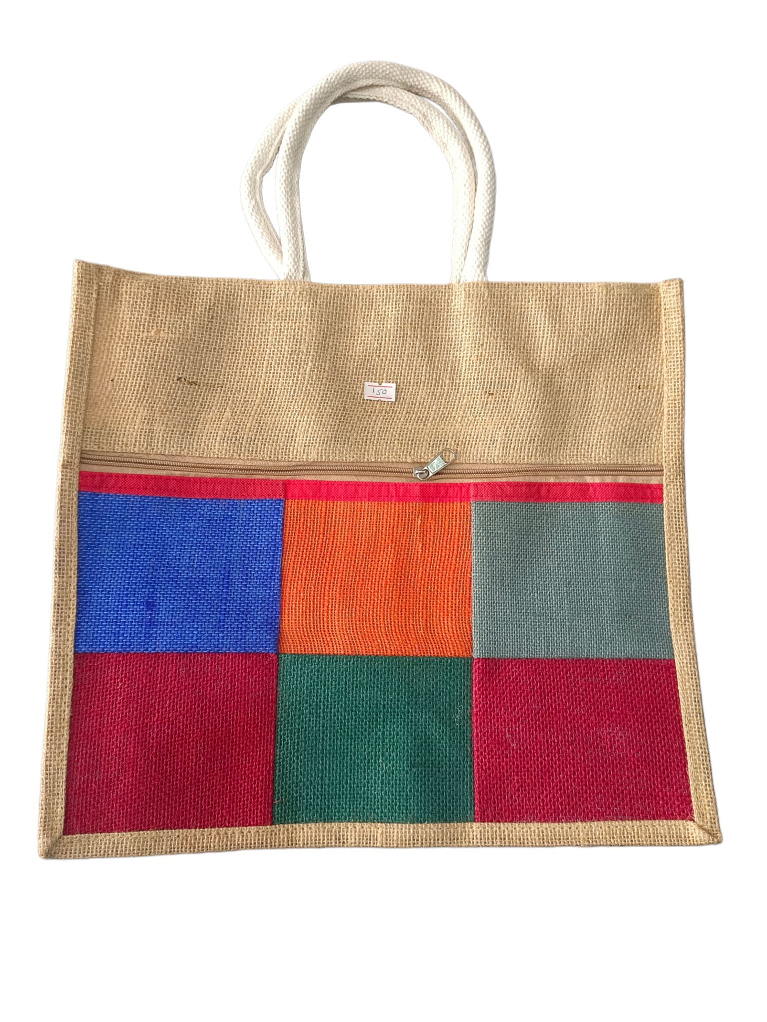 Jute Tote Bag with Colorful Patchwork Design and Zippered Top