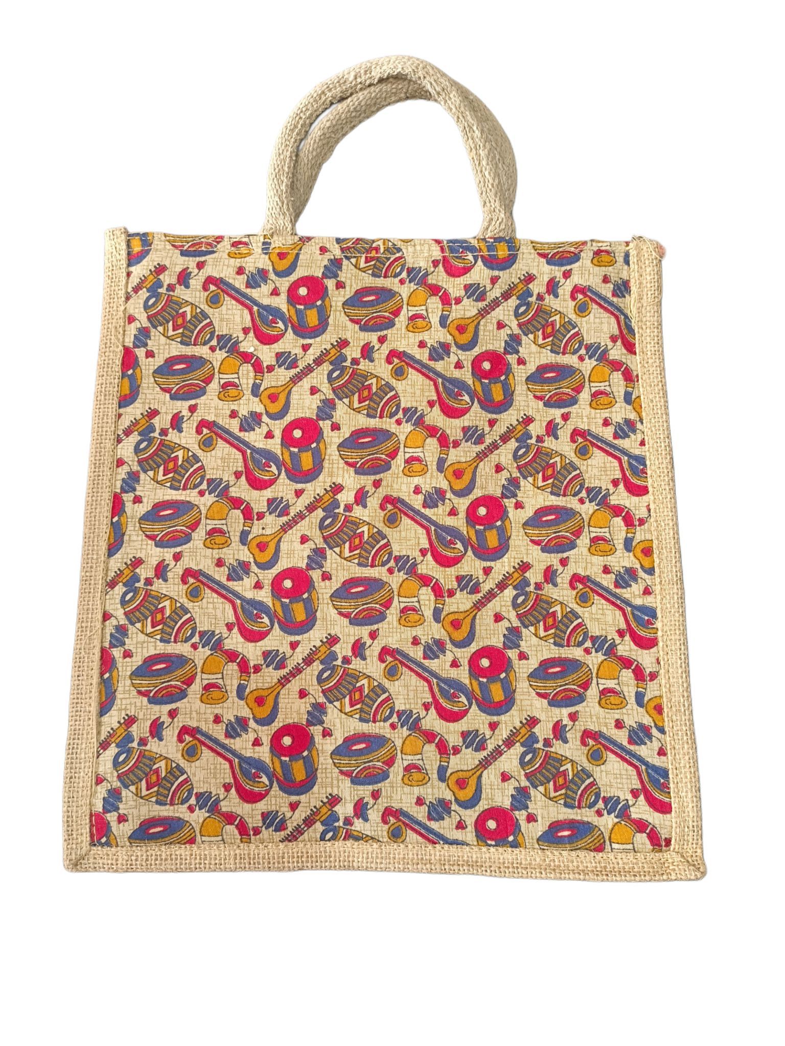 Eco-friendly and Reusable Jute Tote Bag with Colorful Indian Musical Instruments Design