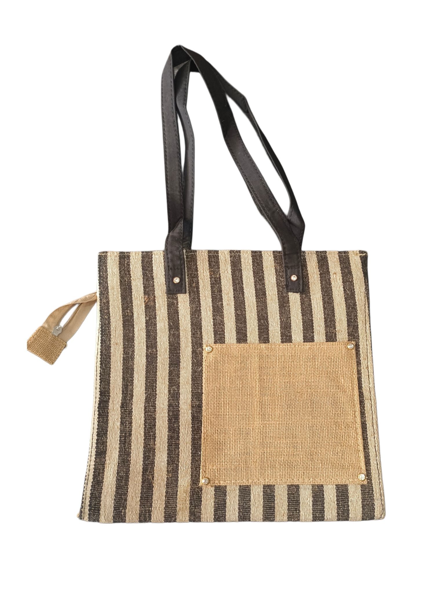 Stylish and Eco-Friendly Jute Tote Bag with Brown Faux Leather Handles