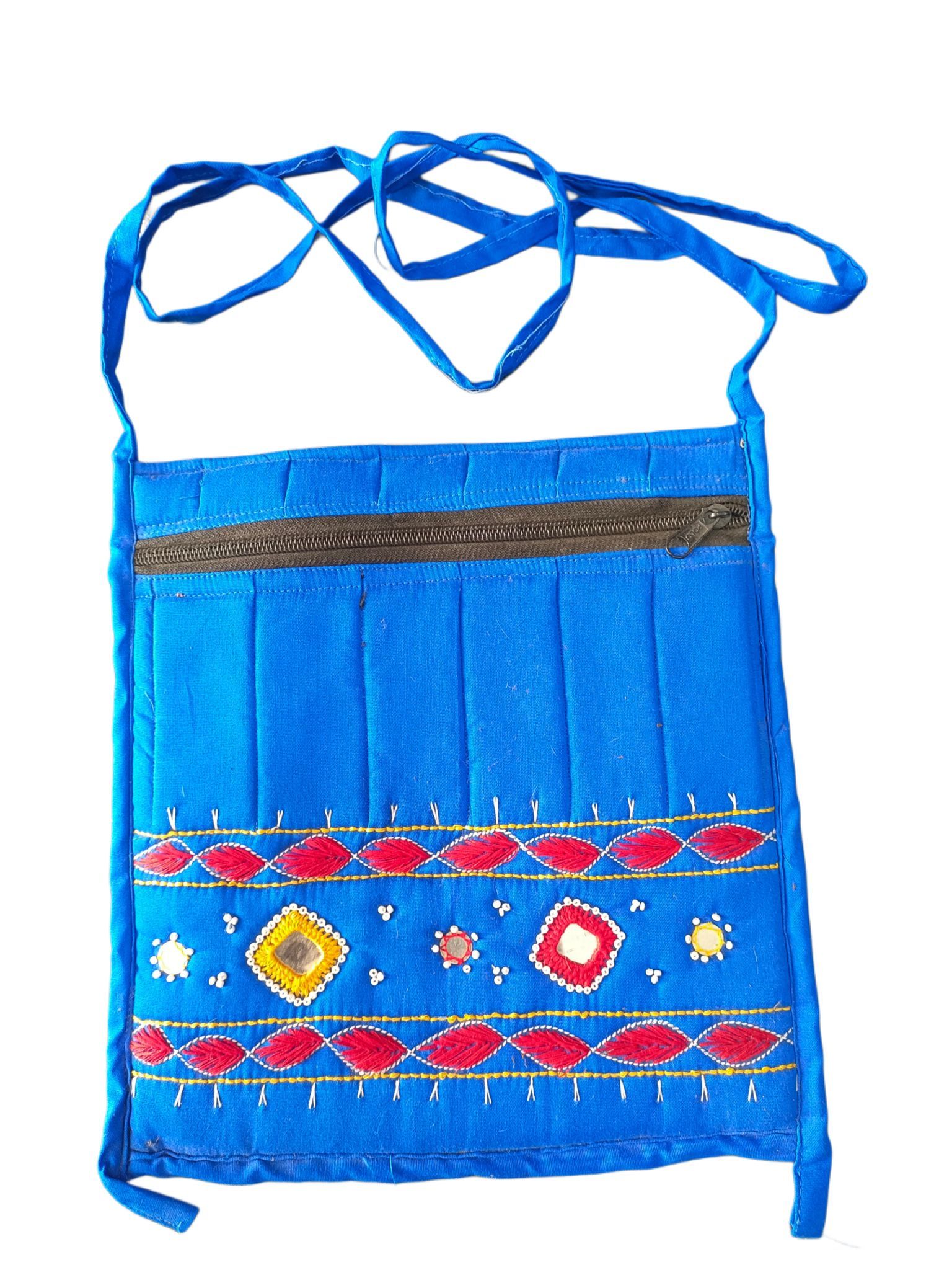 Blue Hand Embroidered Cotton Sling Bag with Mirror Work and Adjustable Strap