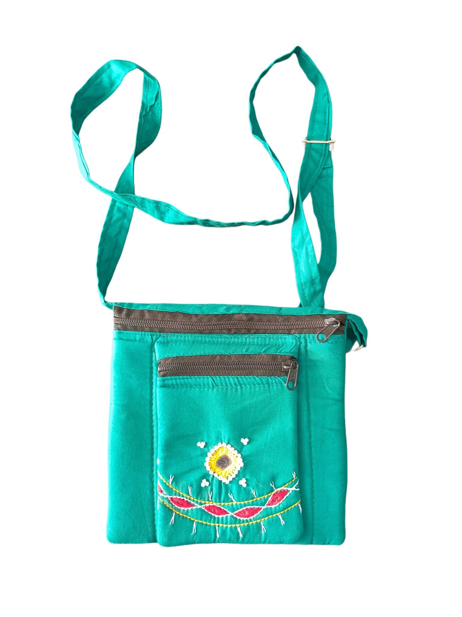 Green Hand Embroidered Cotton Sling Bag with Adjustable Strap