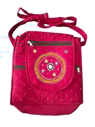 Hand Embroidered Red Cotton Sling Bag with Mirror Work