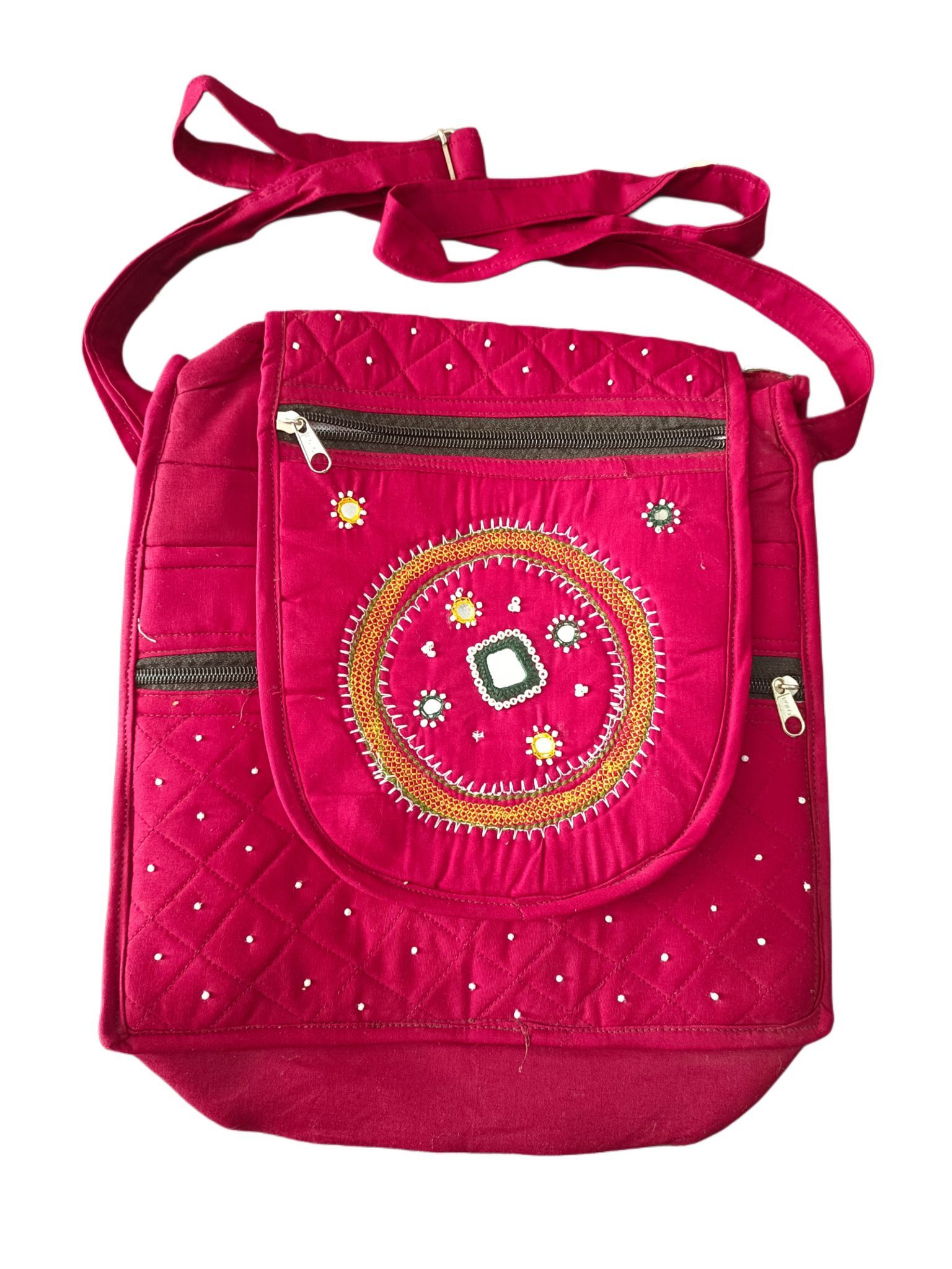 Hand Embroidered Red Cotton Sling Bag with Mirror Work