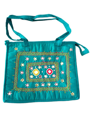 Green Hand Embroidered Mirror Work Tote Bag with Adjustable Strap Green Hand Embroidered Mirror Work Tote Bag with Adjustable Strap