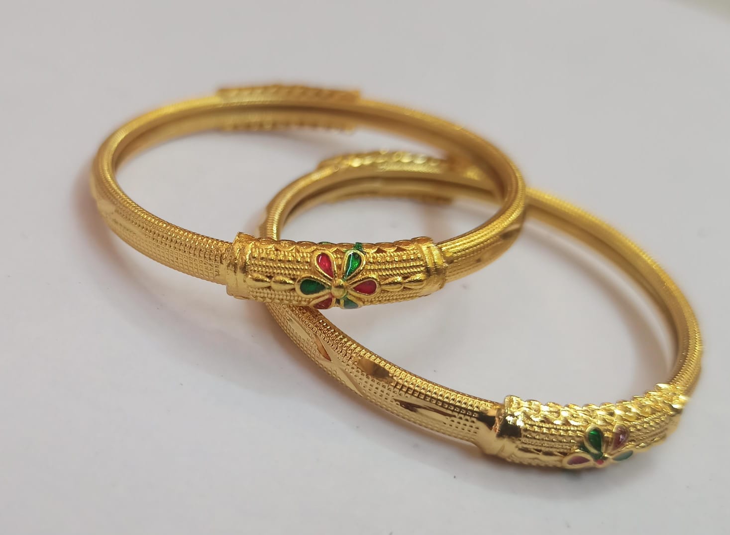 22K Yellow Gold Baby Kada with Red and Green Stones for Girls