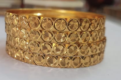 22K Yellow Gold Bangles with Intricate Floral Design - Set of 4