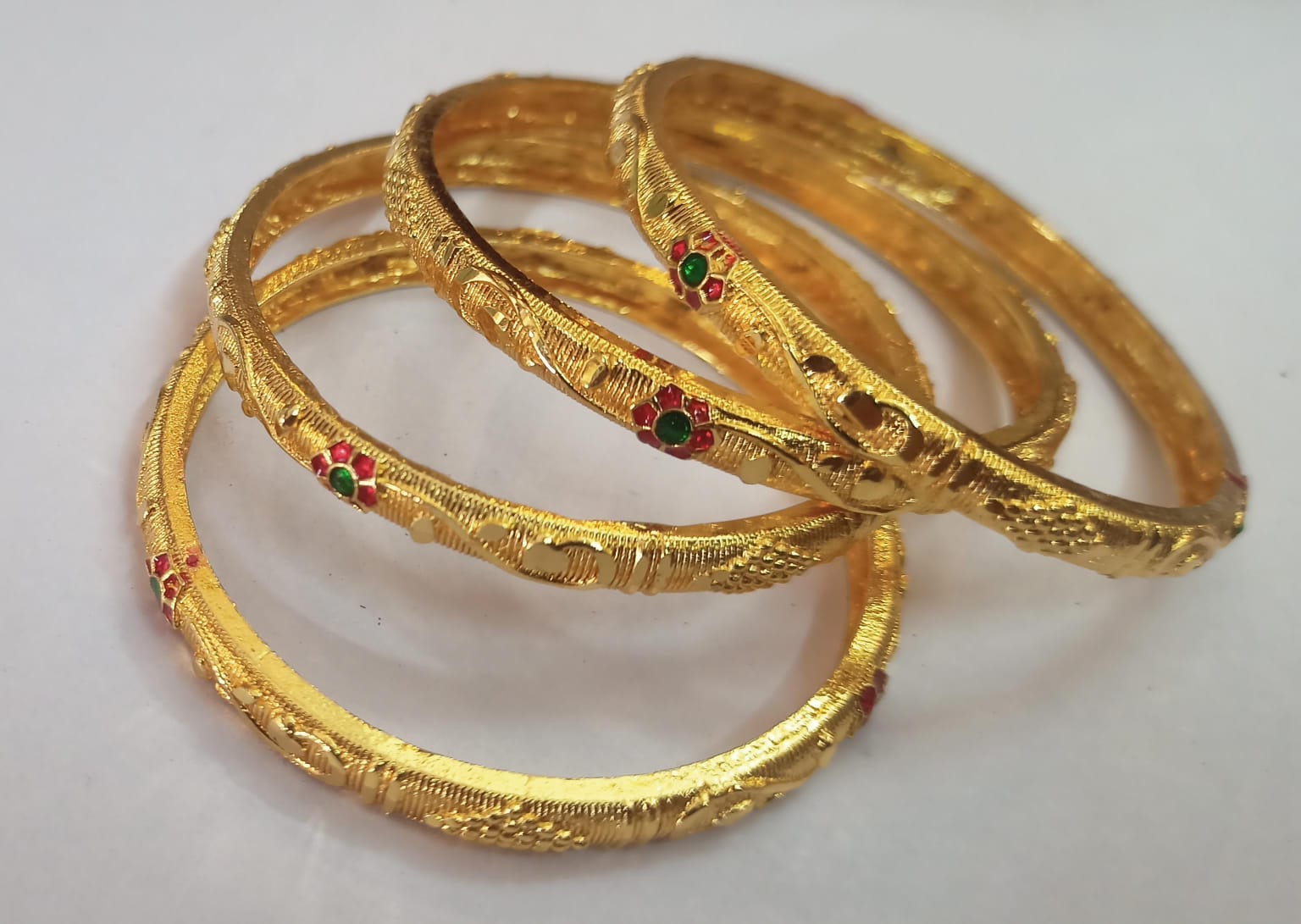 Gold Plated Bangles with Green Stones - Set of 4