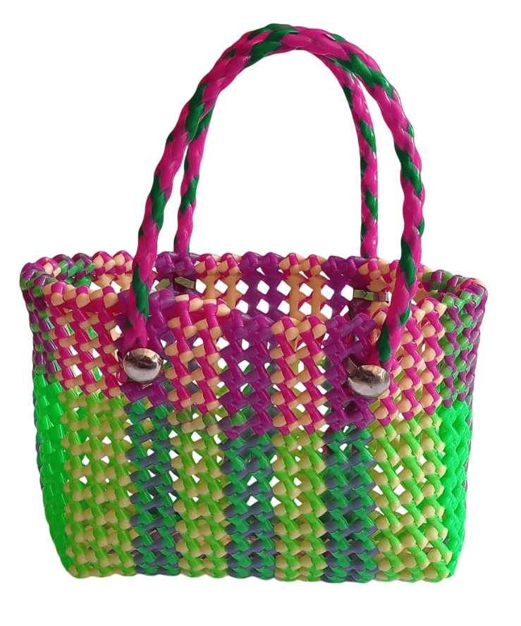 Small Plastic Handbag with Checkered Pattern and Colorful Accents