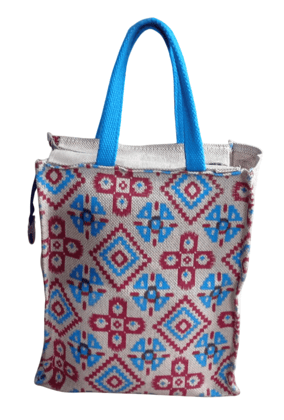 Handmade Jute Tote Bag with Geometric Print and Blue Handles