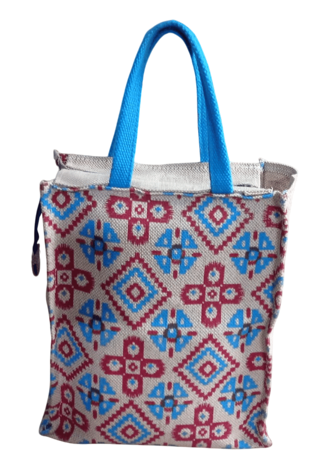 Handmade Jute Tote Bag with Geometric Print and Blue Handles