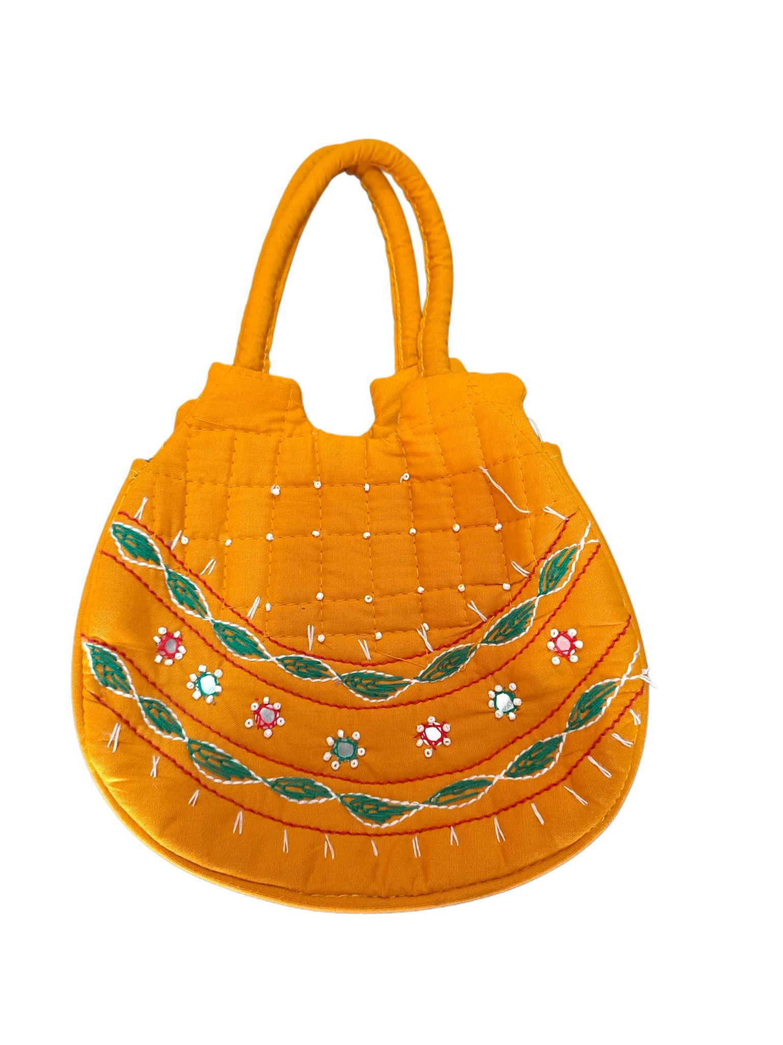 Yellow Hand Embroidered Cotton Potli Bag with Mirror Work and Tassels for Women