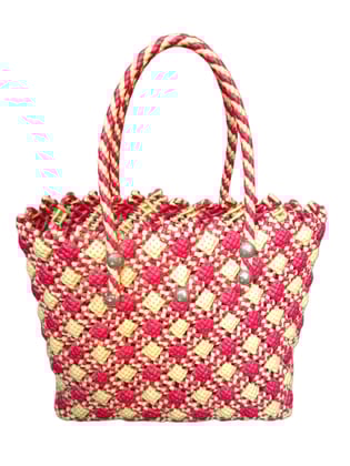 Red and White Handwoven Plastic Tote Bag with Button Accents