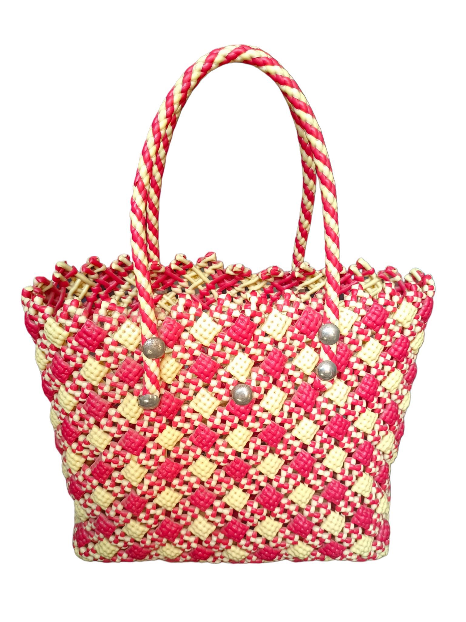 Red and White Handwoven Plastic Tote Bag with Button Accents
