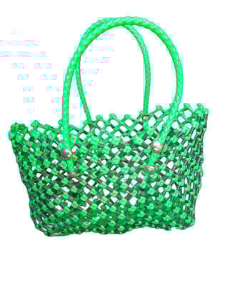 Green Handwoven Plastic Bag with Double Handles