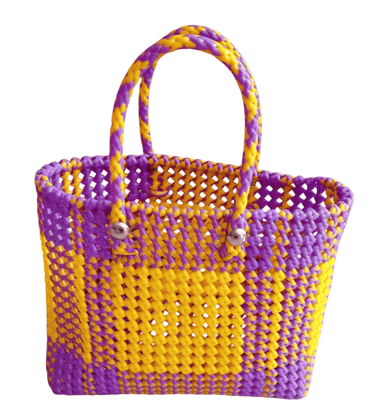 Small Handwoven Purple and Yellow Market Tote Bag with Double Handles