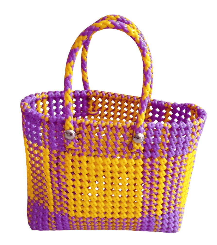 Small Handwoven Purple and Yellow Market Tote Bag with Double Handles