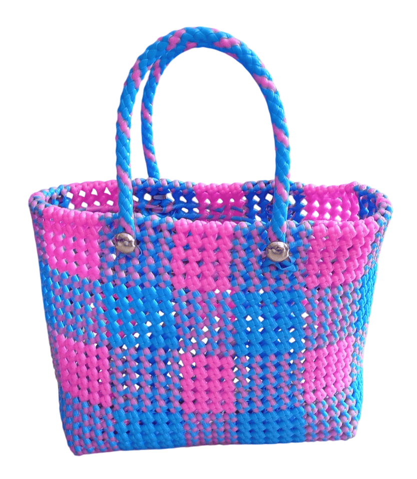 Small Plastic Basket with Blue and Pink Checkered Pattern