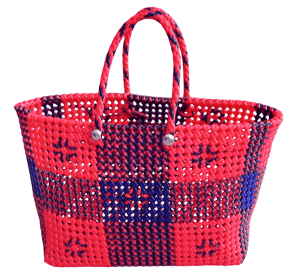 Small Handwoven Market Tote Bag with Red and Blue Checkered Pattern